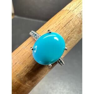 Sterling Silver Turquoise Ring with Blue Diamond Accents Size 6